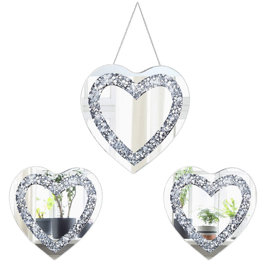 Qunclay 3 Pcs Crystal Crush Diamond Silver Mirror, 12 and 8 Inches Modern Shaped Wall Hang Decorations Glass Diamond Mirror for Bathroom Living Room (Heart Shape)
