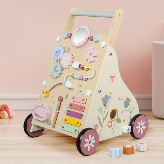 Pithfor Wooden Baby Walker, Baby Push Walker, Push Walker Toys for Babies Learning to Walk & Sit-to-Stand, with Montessori Sensory Toy & Activity Center for Girls Boys