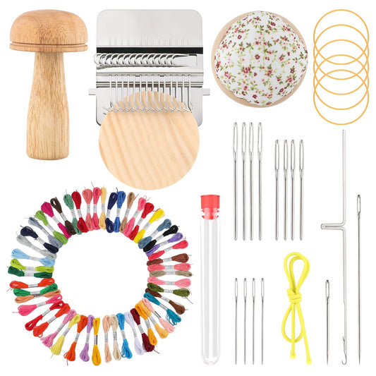 Mini Darning Loom Mushroom Knit Patch Kit for Socks, 14 Hooks Small Speedweve Style Weaving Darning Loom with 14 Pcs Large Eye Needles 50 Colors Thread, Handcraft DIY Home Sewing Repair Tool