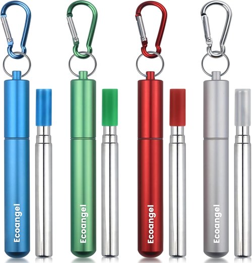 Ecoangel Reusable Collapsible Stainless Steel Drinking Straws - 4-Pack with Case & Cleaning Brush | Silver, Blue, Red, Green