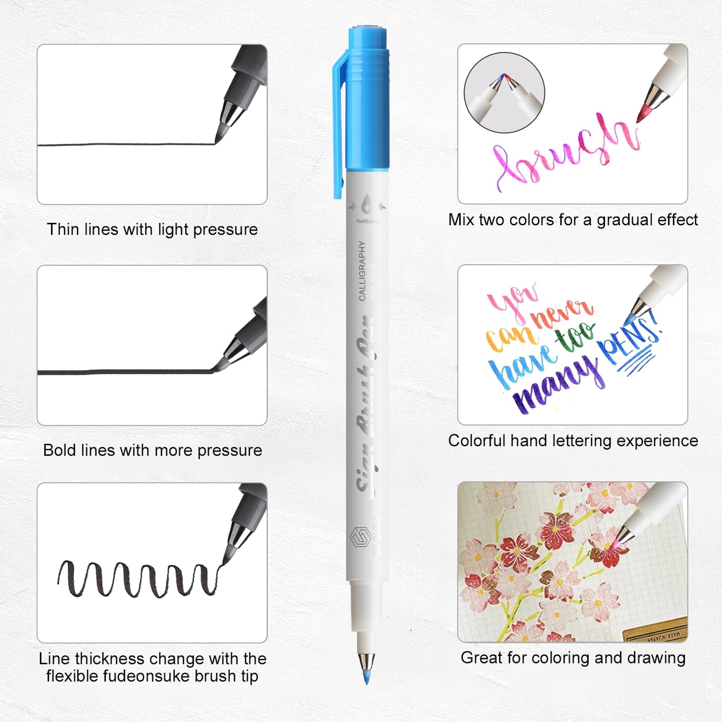 GC QUILL Fudenosuke Brush Pen - 16 Colors Calligraphy Brush Pens for Hand Lettering, Calligraphy, Drawing, Writing, Journaling GC-SB16