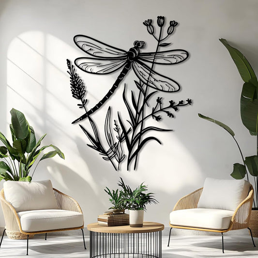 Dragonfly Metal Wall Art, Dragonfly and Flower Metal Wall Decor, Insects Wall Art, Large Dragonflies Wall Hanging, Wild Flower Wall Sculpture, Rustic Farmhouse Decorations (Black, 19"x15"/47x38cm)