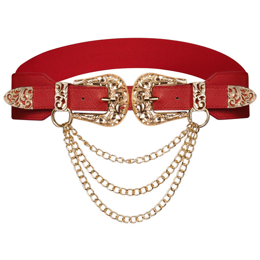 Barry.Wang Women Double Western Belt Vintage Leather Red Belt Gold Buckle Design Elastic Waist Chain Jeans Dresses Cowgirl
