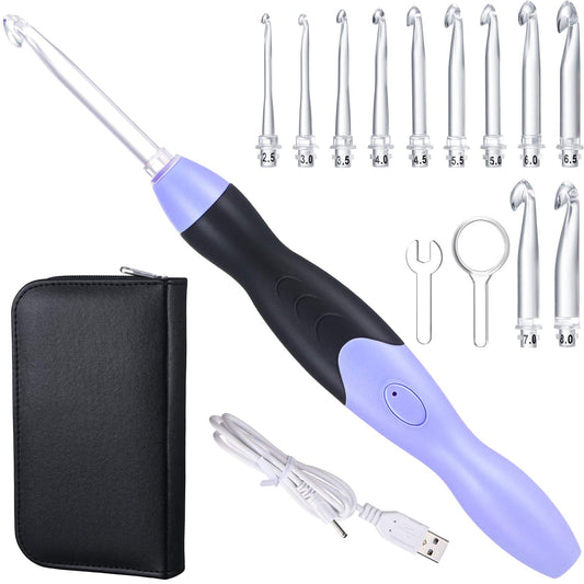 Chuangdi 11 Sizes Lighted Crochet Hooks Set Rechargeable Crochet Hook Light up Hooks with Case, Interchangeable Heads 2.5 mm to 8 mm for DIY Craft Supplies(Purple-Black)