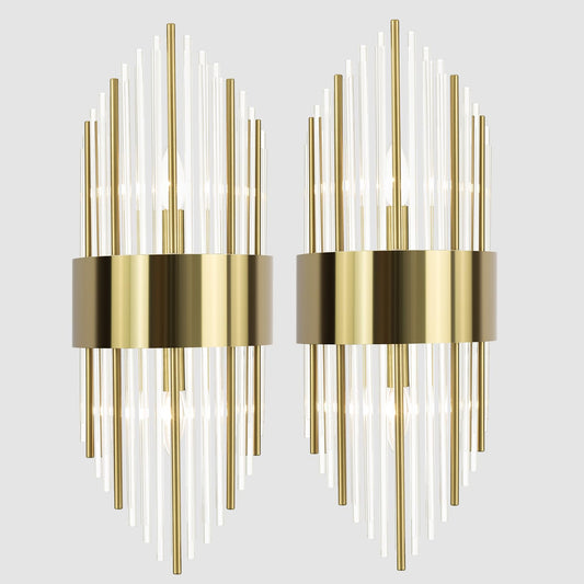 TEENYO Modern Gold Wall Sconces Set of Two Crystal Sconces Wall Lighting 2-Light Brass Glass Wall Light Fixtures for Bedroom Living Room Bathroom Vanity Mirror Light Fixtures