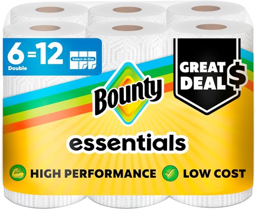 Bounty Essentials Select-A-Size Paper Towels - 6 Double Rolls, 108 Sheets Per Roll, White