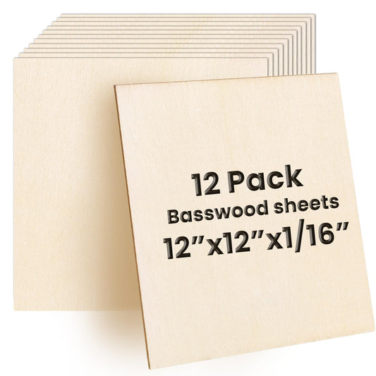DIYDEC 12 Pack Basswood Sheets 12 x 12 x 1/16 Inch Thin Wooden Sheet Unfinished Wooden Squares Boards Balsa Plywood Wood Sheets for Crafts Architectural Models Laser Cutting Wood Burning and Drawing