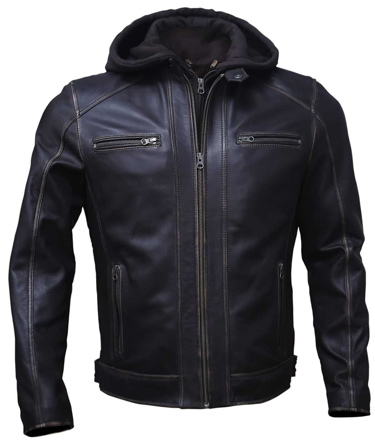 Artistry Mens Genuine Lambskin Leather Motorcycle Jacket with Removable Hood in Black Brown (Large, Distressed Brown)