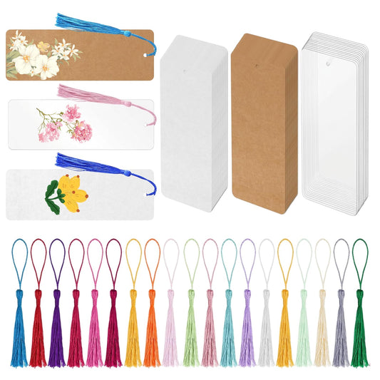 MXCOIRTP 120 Pcs Blank Bookmarks with 120 Colorful Tassels, Thick 350GSM Cardstock Paper and Transparent Acrylic Bookmarks for DIY Crafts, Holiday Reading, Classroom Projects and Gift Tags, 6x2 Inch