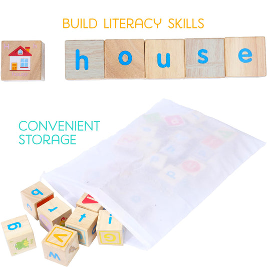 Montessori Mama Wooden Blocks for Toddlers 1-3 - Large 1.6" Hardwood Stacking Blocks with Letters, Shapes, Colors, and Images - Perfect for Early Development and Play