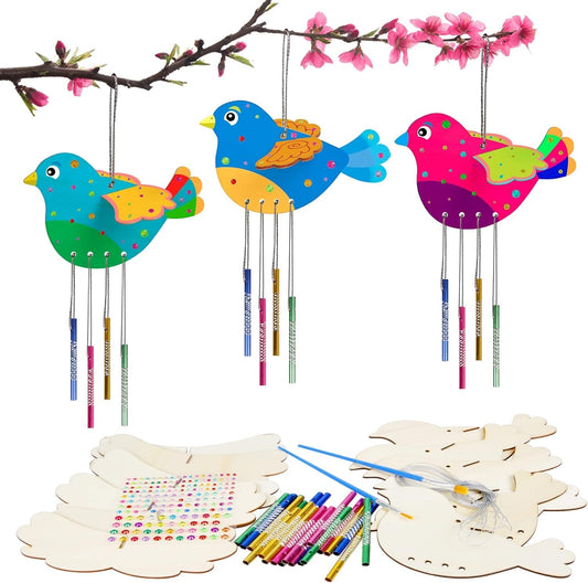 Fennoral 6 Pack 3D Bird Wind Chime Craft Kit for Kids Make You Own Birds Wind Chimes Ornament Wooden Arts and Crafts for Kids DIY to Paint Bird for Winter Spring Art Activity Birthday Decoration