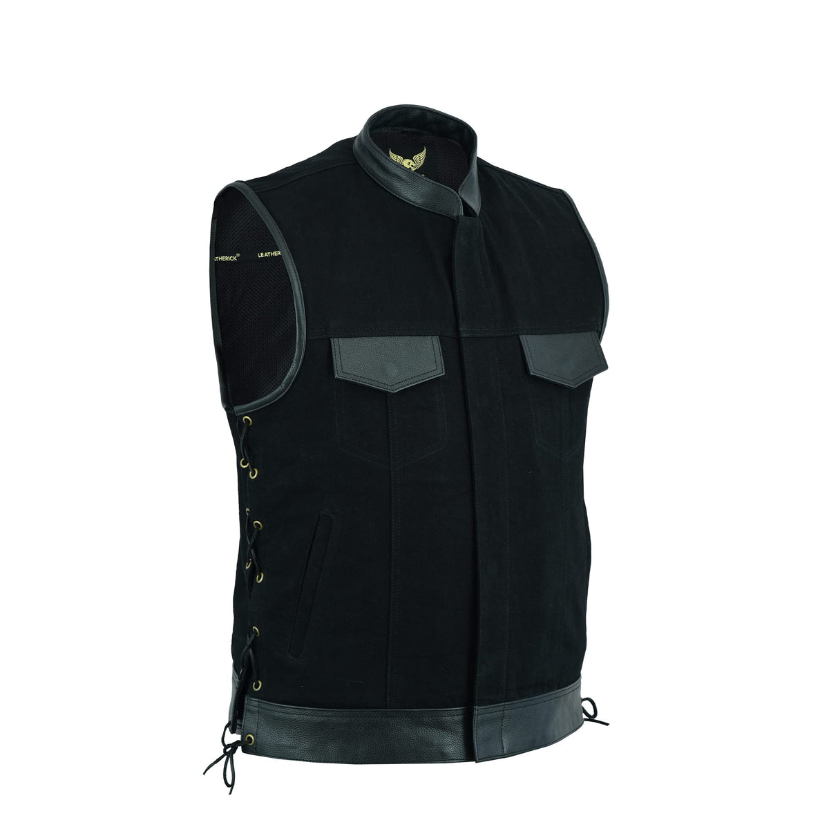 Leatherick Mens Side Lace Black Denim Vest with Leather Trims for Motorcycle Bikers (XL)