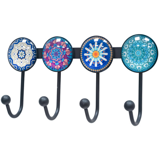 Banllis Coat Rack Wall Mounted with 4 Hooks, Round Blue Pattern Decorative Wall Hooks for Hanging Hat, Key, Towel, Purse, Bag and Robe, for Entryway Bathroom Organizer Hanger