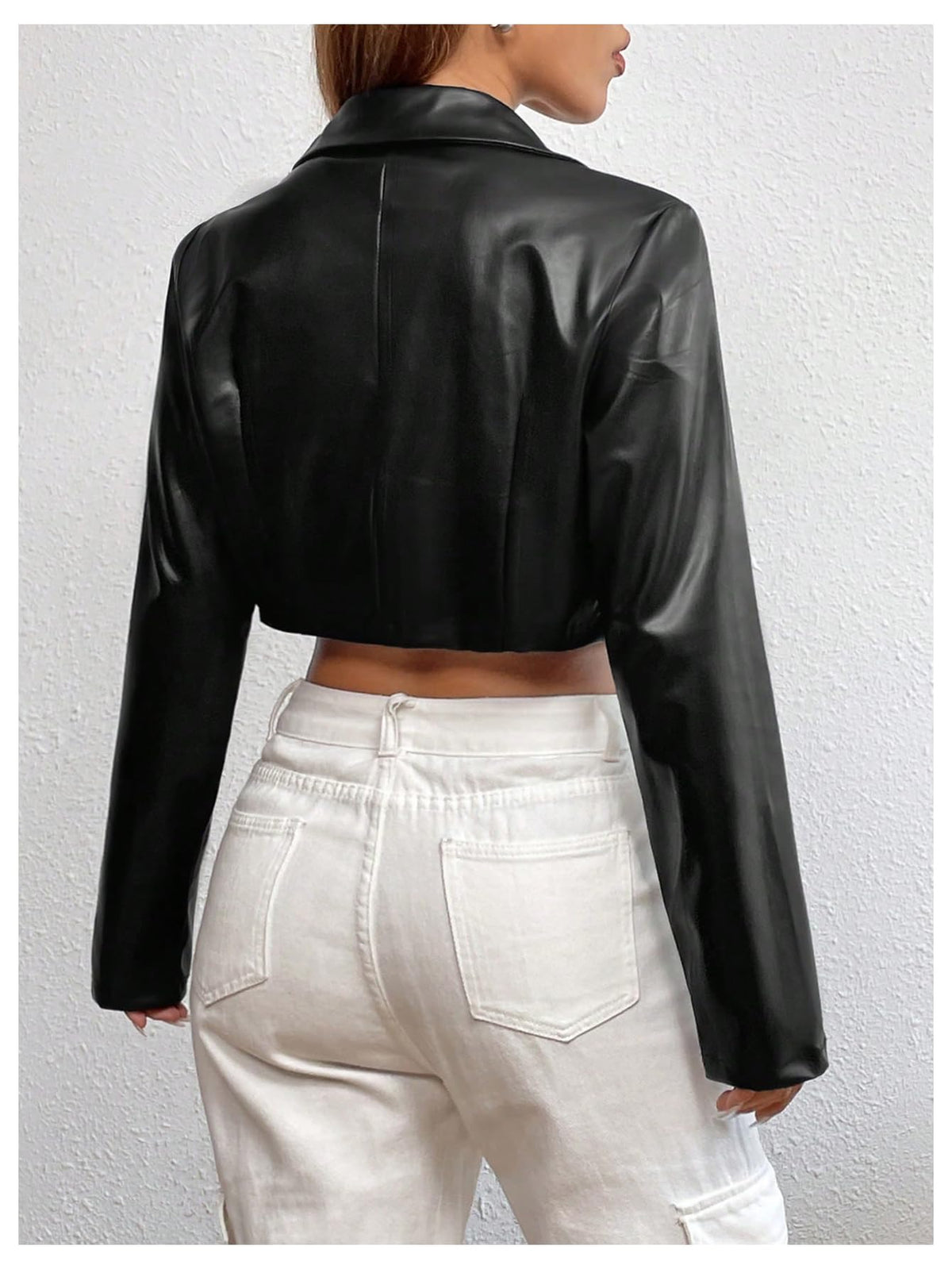 GORGLITTER Women's Cropped Faux Leather Jacket Y2k Long Sleeve Open Front Cardigan Bomber Moto Biker Jackets Rave Outfits Black Small