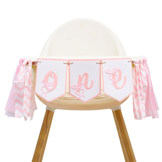 Bow One High Chair Banner - Sweet 1st Birthday Decorations, Pink Princess Party Photo Backdrop, Girls Smash Cake Highchair Banner, First Birthday Fabric Garland