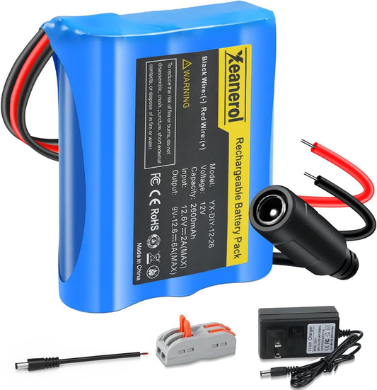 Xeanerol 12V 2600mAh Pack 12 Rechargeable Li-ion Battery with Charger, Bare Leads Wire Replacement Lithium Battery
