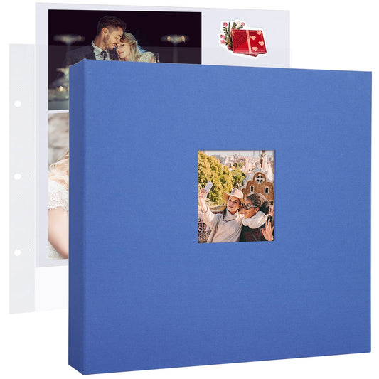 1DOT2 12x12 Inch Large 3 Ring DIY Scrapbook Photo Album Journal with 30 Plastic Sleeves 60 Pages and Fabric Cover for Baby Travel Wedding Couple Anniversary kids Adventure (Blue Cover/White Pages)