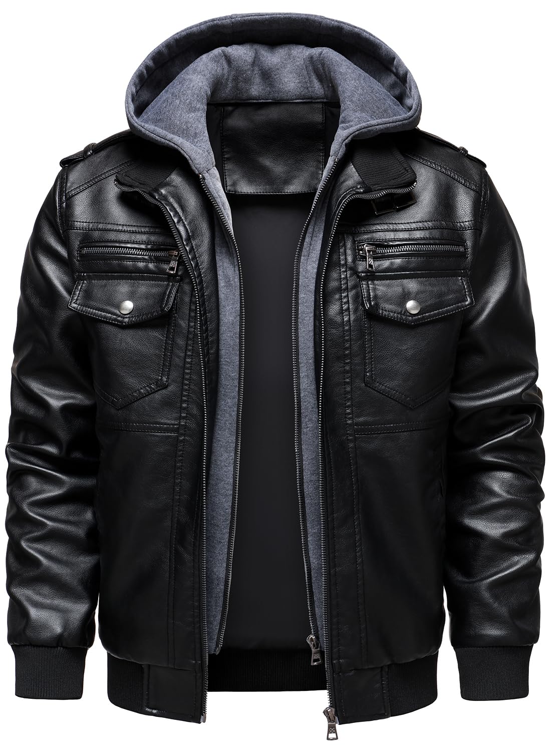 HOOD CREW Men's Faux Leather Hooded Jacket Motorcycle Jackets Water Repellent Windproof PU Moto Vintage Bomber Hoodie Coats Black M