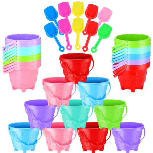 Didaey 30 Set Beach Sand Buckets and Shovels, Include Sand Pail Bucket 6 Colors with Castle Design Inside and Shovels for Boys Girls Summer Party (5.5 x 4.7 Inch)