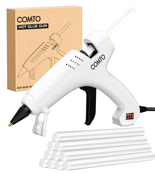 COMTO Full Size Hot Glue Gun with 10 Sticks, Heavy Duty Glue Gun with 80W Super Power, Anti-scald Nozzle and Easy Squeeze Trigger, Perfect for Crafting, DIY and Repairs - White