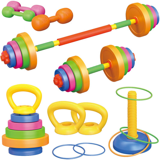 6-in-1 Kids Weight Set- Dumbbell, Barbell, Kettlebell, Ring. Adjustable Workout Equipment Toy for Children Pretend Kids Exercise Equipment, Toddler Weights Gym Workout Bench Set Gift for Baby Boy Girl