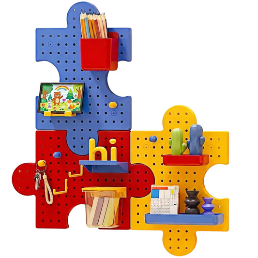 Haumei Pegboard Wall Organizer, Puzzle Modular Plastic Storage System with Hooks Shelves Boxes, Colorful Red Yellow Blue, 33.1 x 9.4 Inches, Wall Decor for Entryway Home Office Kids Room Craft Area