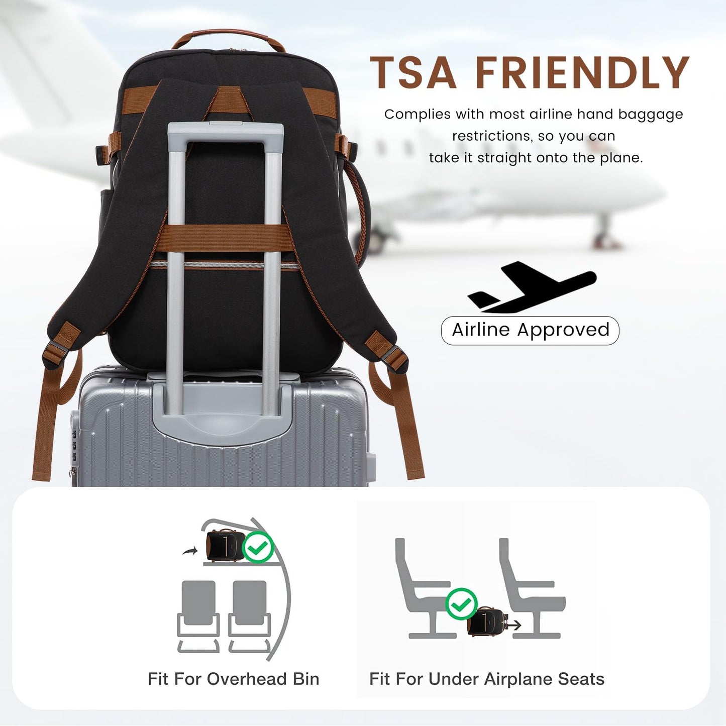 LOVEVOOK 40L Large Travel Backpack for Women Men, 17 Inch Carry on Backpack for Traveling on Airplane, Personal Item Bag Airline Approved, Business Causal Weekender Backpack, Black-Brown