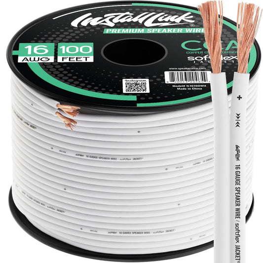 16 100ft, Install Link Gauge Speaker Wire (White) for Car, Home or RV Audio Cable, CCA