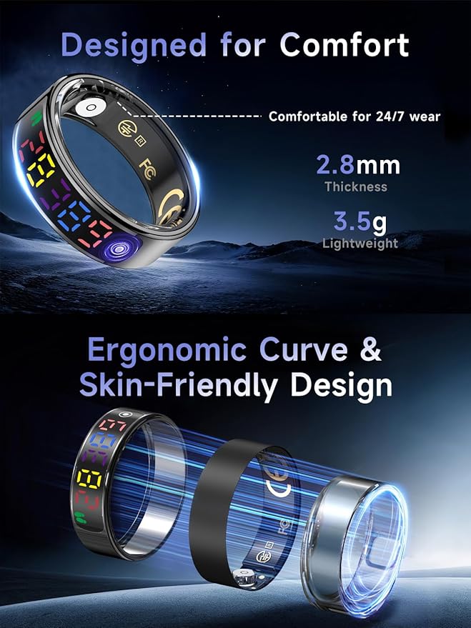 Smart Ring for Women Men, Health Ring with Colorful Display, Fitness Tracker with Heart Rate, Blood Oxygen, Sleep Monitor, No Subscription Fee, 5ATM Waterproof for iPhone & Android (Rose Gold, 12)
