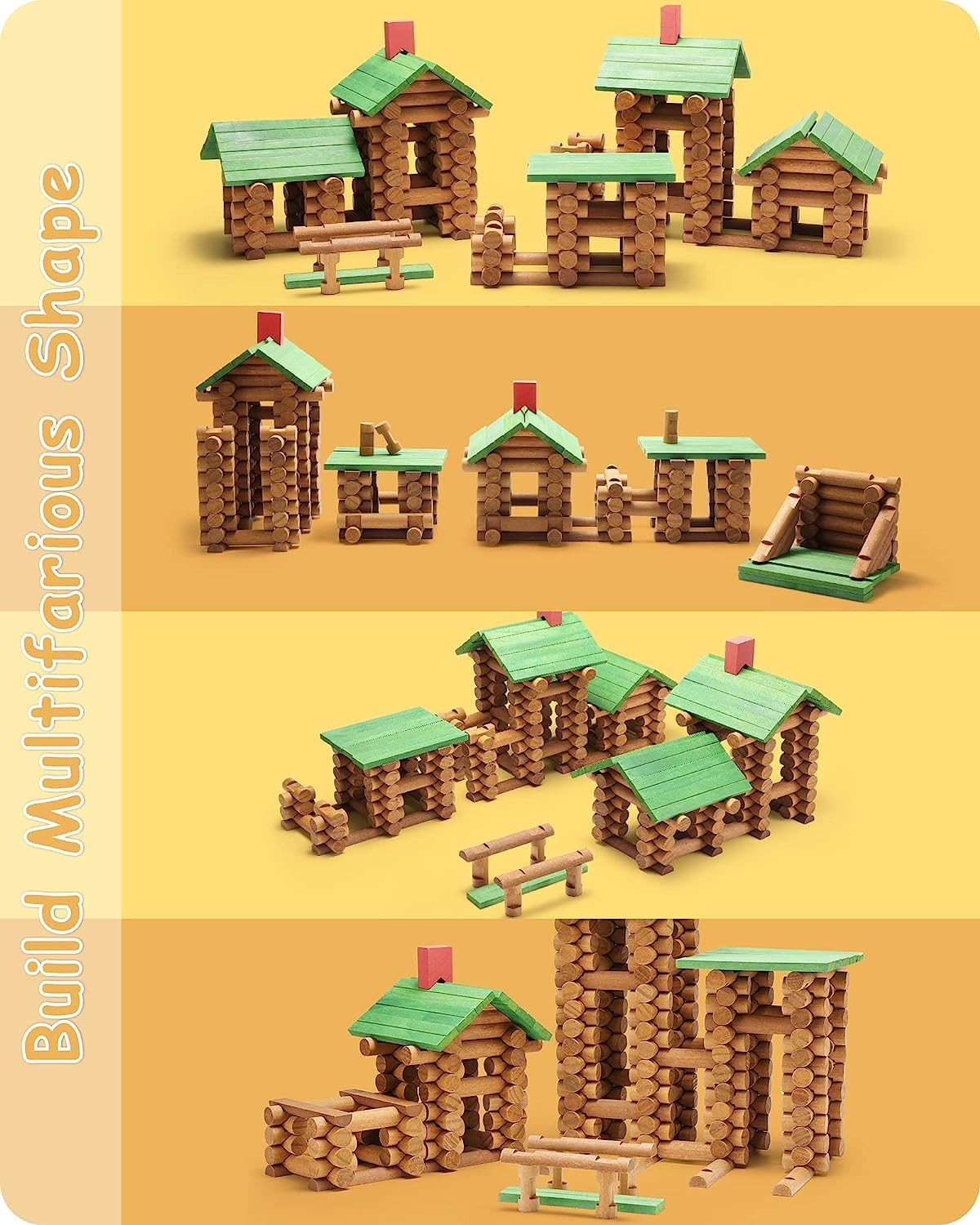 SainSmart Jr. 450 PCS Wooden Log Cabin Set Building House Toy for Toddlers, Classic STEM Construction Kit with Colorful Wood Logs Blocks for 3+ Years Old