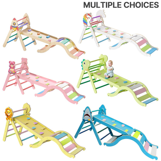 Pikler Triangle Set with Cushion, 9-in-1 Kids Climbing Toys for Toddlers 1-3 Inside, Montessori Toddler Climbing Toys Indoor, Large Wooden Pikler Triangle Climbing Set Baby Playground for Children
