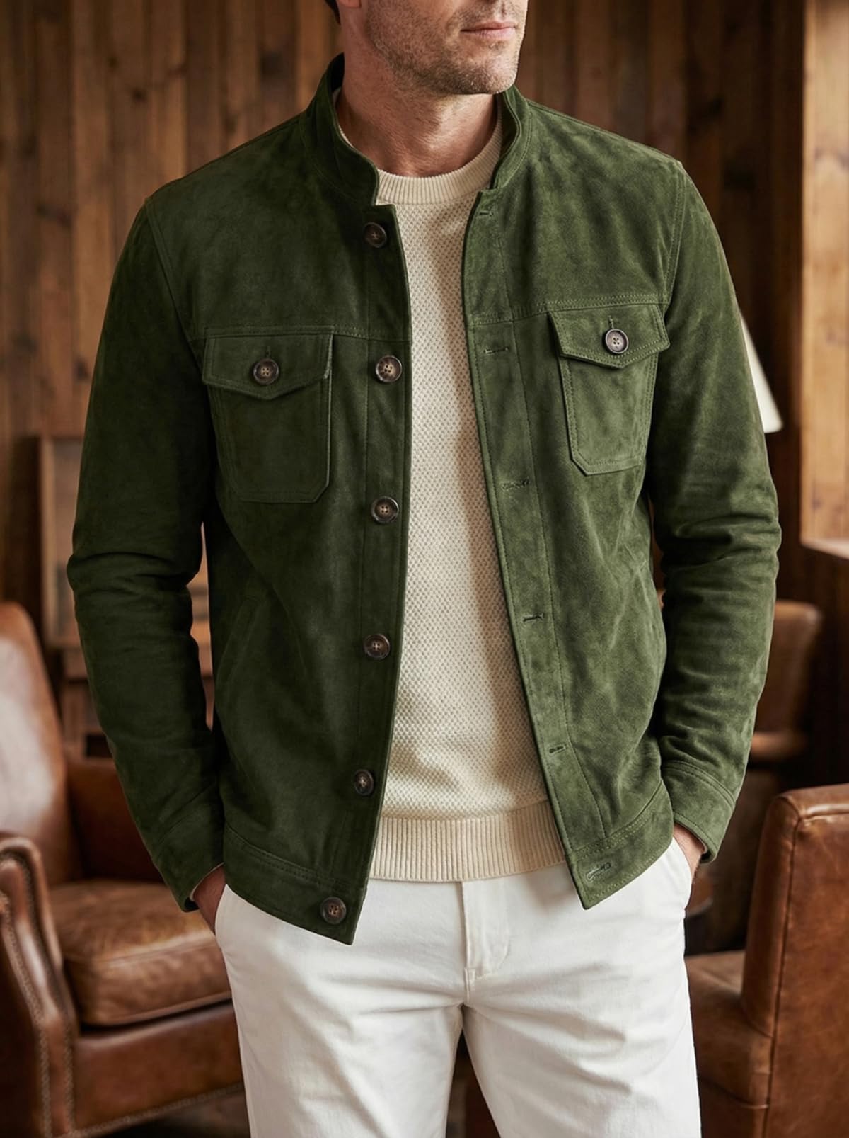 Men's Vintage Trucker Suede Leather Jacket Lightweight Casual Western Blazer Shirt Style Coat (Khaki，XL
