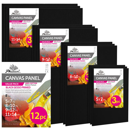 PHOENIX Black Canvas Boards for Painting - 12 Pack, 5x7,8x10,9x12,11x14 Inch - 8 Oz Primed Cotton Acid Free Canvas Panels Multipack for Acrylic, Oil, Tempera, Metallic, Neon Paints & Crafts