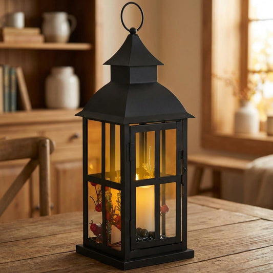 Baquler 1 Pc Decorative Lantern Hanging with LED Candle Metal Vintage Christmas Candle Holder Xmas Ornament for Indoor Outdoor Porch Decor Holiday Party Tables Centerpieces (Black)