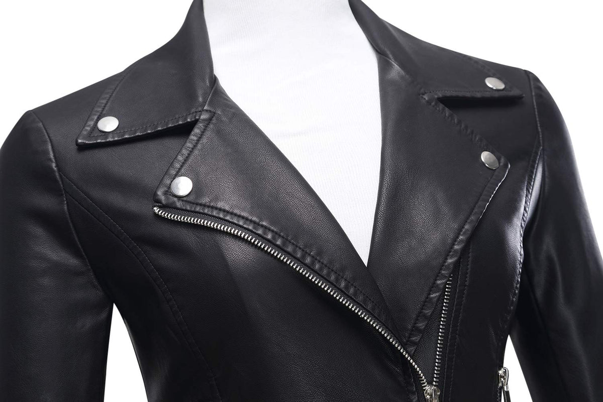 Tanming Women's Faux Leather Moto Biker Short Coat Jacket (Black-M)