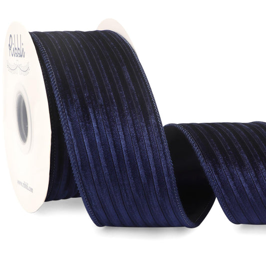 Ribbli Glossy Navy Velvet Wired Ribbon 2.5 Inch Striped Velvet Christmas Ribbon for Gift Wrapping Christmas Tree Decoration Crafts Wreaths Supplies-Continuous 10 Yards