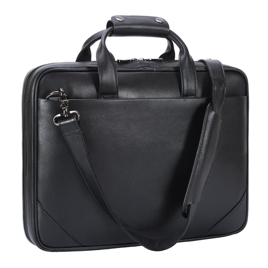 Masa Kawa Black Leather Slim Briefcase 14 Inch Laptop Bag for Men Crossbody Shoulder Messenger Computer Bags Attache Case for Business Work Lawyer