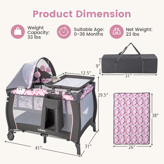 INFANS 4 in 1 Pack and Play, Portable Travel Baby Playard with Bassinet, Changing Table, Canopy, Mosquito Net, Hanging Toys, Music Box, Storage Bag, Large Playpen from Newborn to Toddlers (Pink)