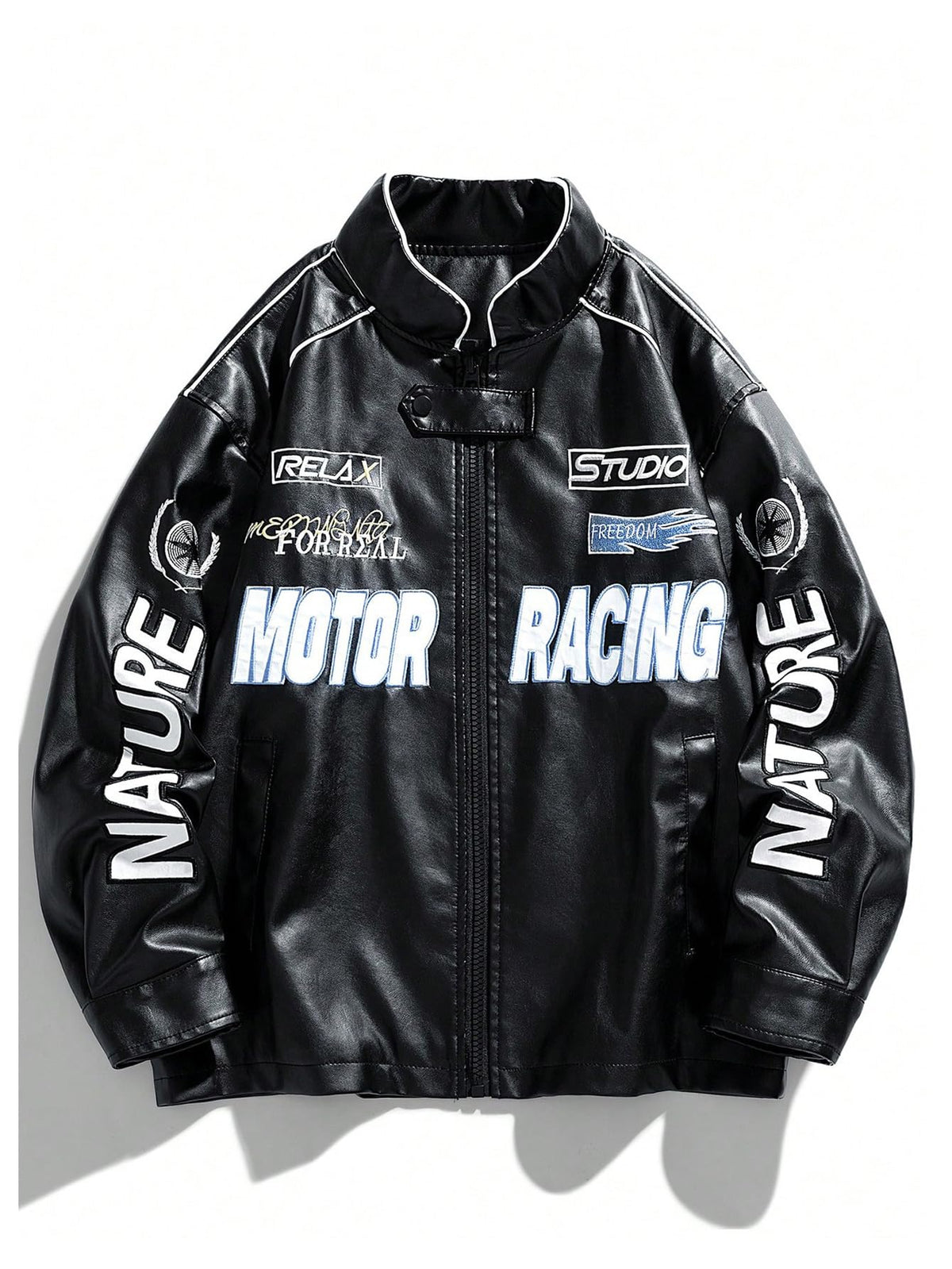 SOLY HUX Women's Leather Racer Jacket Y2k Graphic Streetwear Oversized Coat