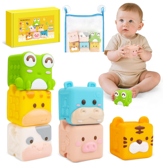 BOBOBELL Animal Soft Baby Blocks,Silicone Squeeze Building Blocks Stacking Toys for 6+ Months Babies,Early Learning Touch Education Toys with Numbers Animals Fruits Texture Baby Gifts Easter Basket
