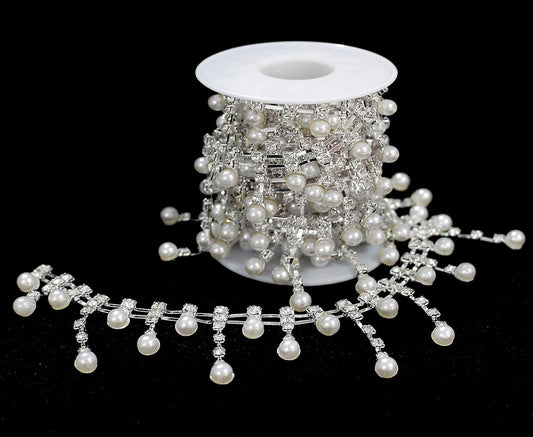 FQTANJU 1 Yard Rhinestone Pearl Tassel Fringe Trim Ribbon, Inlaid Pearl Beaded Crystal Close Chain Applique Bridal Embellishments for Sewing Crafts Wedding Party Clothing DIY Decoration