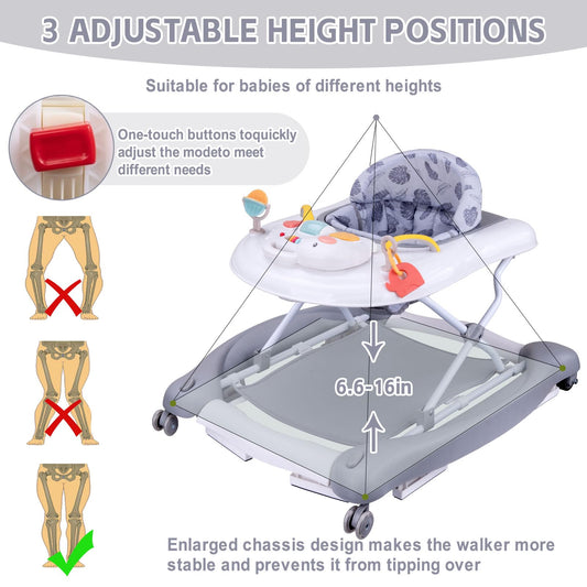 5 in 1 Foldable Baby Walker, Activity Baby Walker-Baby Bouncer, Rocker, Activity Center,Seat and Push Walker,Detachable Trampoline Mat, Adjustable Speed Rear Wheels and Height,Ages 6-18 Months(Grey)