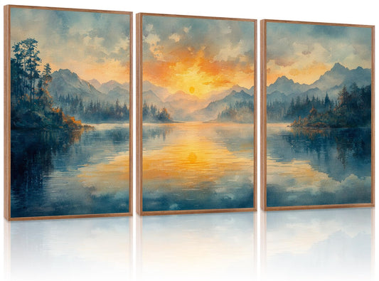 KAlRNE Sunset Mountain Canvas Wall Art,Abstract Scenery Wall Painting,Blue Landscape Lake Pictures,Watercolor Mountains Forests Art Prints For Living Room Bedroom Office Decoration - Framed 16X24 Inch