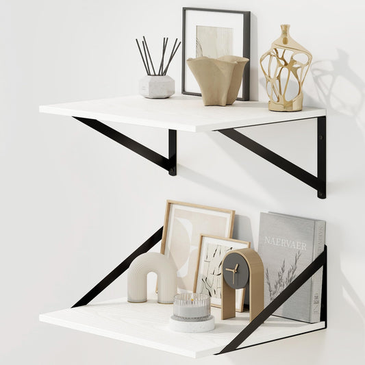 Fun Memories Floating Shelves for Wall, 12 Inch Deep Floating Shelves Set of 2, 16W x 12D Large Wall Shelf with Sturdy Metal Brackets for Living Room, Bathroom, Bedroom and Kitchen, White