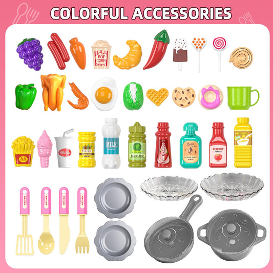 MSKOLER Play Kitchen Playset, Girls Kitchen Toys for Ages 2-6 4-8 with Light, Sound and Spraying, Sink Toy Accessories, Cooking Stoves, Pretend Food for Toddlers 1-3 3-5