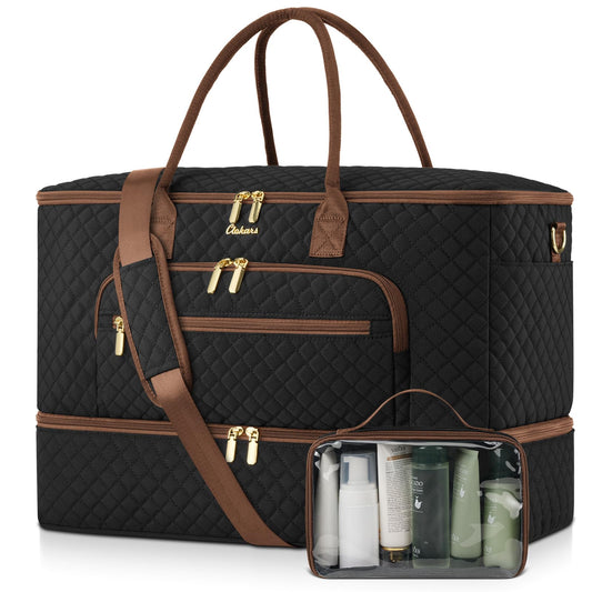 CLOKARS Travel Duffle Bag, Wide Open Large Weekender Bag for Women with Shoe Compartment, Carry on Overnight Bags with Toiletry Bag, Hospital Bag for Women Labor Delivery with Wet Pocket (Black Brown)