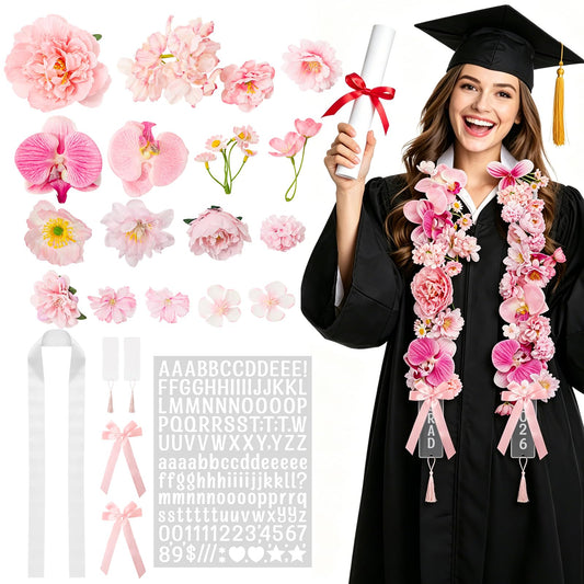 JarThenaAMCS 38Pcs DIY Graduation Leis Set Class of 2026 Pink Flower Graduation Stole with Acrylic Tassel Card Stickers for Craft High School College Student Congrats Grad Gift Party