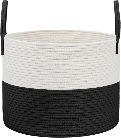 JMvicyroam Extra Large Blanket Basket - Woven Cotton Rope Laundry Hamper with Reinforced Handles | White & Black