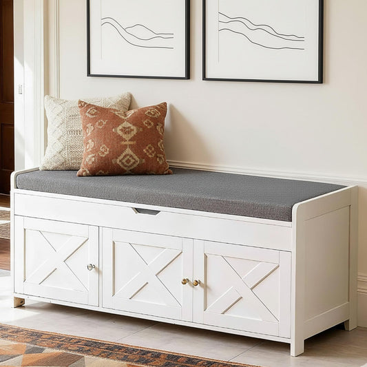 Amada Farmhouse Shoe Storage Bench with Cushion, 3 Doors & Lift-Top Storage, Adjustable Shelves, 300 lbs Capacity Entryway Bench for Bedroom, Living Room, Classic White