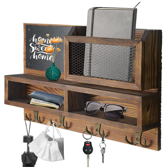 Key Holder for Wall, Mail Organizer Wall Mount with Key Hooks and Wallet Holder, Sunglasses Storage and Dog Leash Hanger, Decorative with 4 Double Hooks and Chalkboard